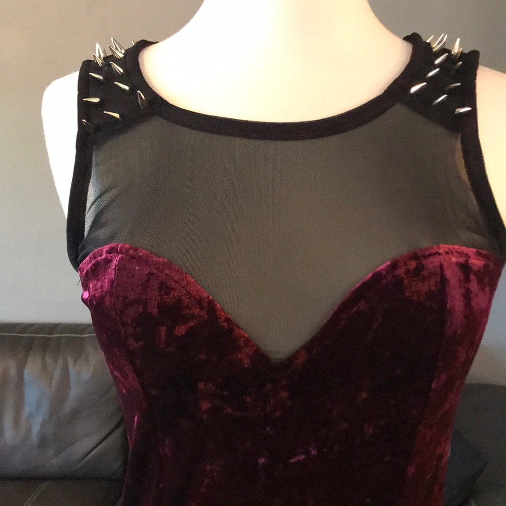 NWT wine blk mesh velvety minidress *SPIKES* S LF